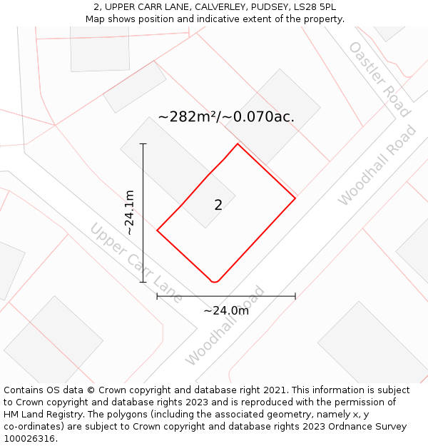 2, UPPER CARR LANE, CALVERLEY, PUDSEY, LS28 5PL: Plot and title map