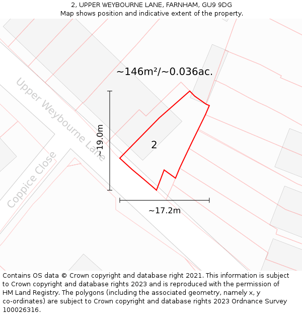 2, UPPER WEYBOURNE LANE, FARNHAM, GU9 9DG: Plot and title map