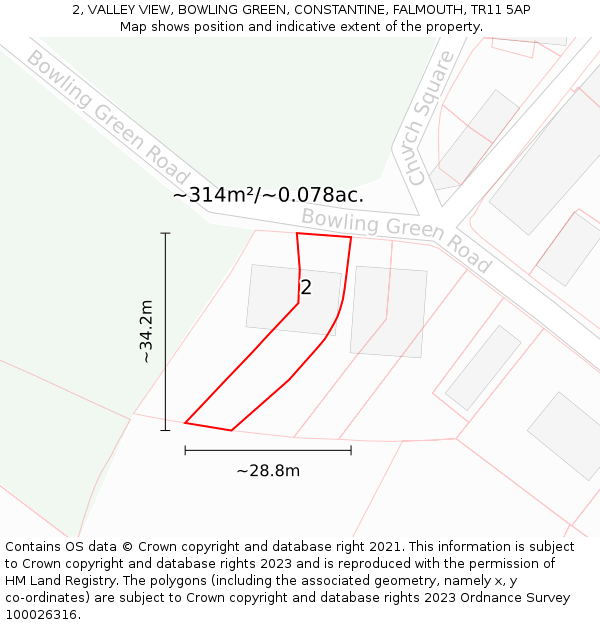 2, VALLEY VIEW, BOWLING GREEN, CONSTANTINE, FALMOUTH, TR11 5AP: Plot and title map