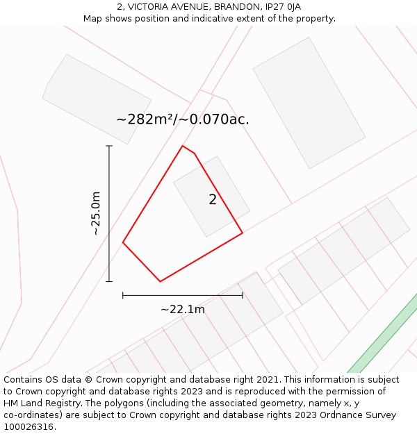 2, VICTORIA AVENUE, BRANDON, IP27 0JA: Plot and title map
