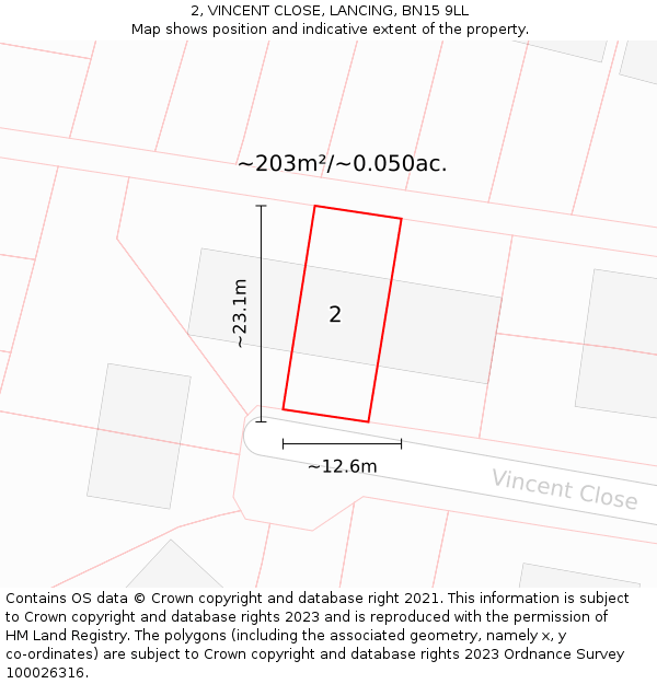 2, VINCENT CLOSE, LANCING, BN15 9LL: Plot and title map