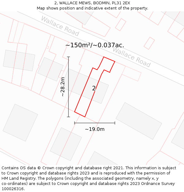2, WALLACE MEWS, BODMIN, PL31 2EX: Plot and title map