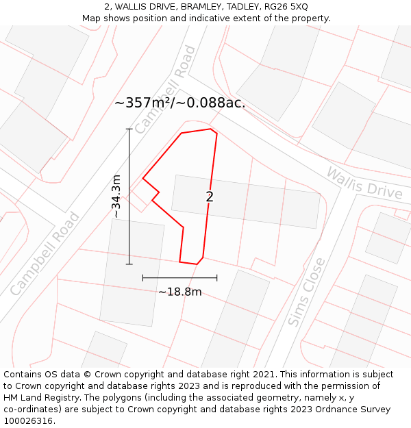 2, WALLIS DRIVE, BRAMLEY, TADLEY, RG26 5XQ: Plot and title map