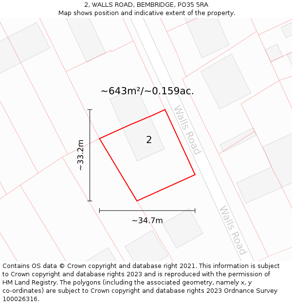 2, WALLS ROAD, BEMBRIDGE, PO35 5RA: Plot and title map
