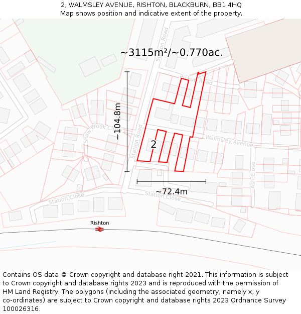 2, WALMSLEY AVENUE, RISHTON, BLACKBURN, BB1 4HQ: Plot and title map