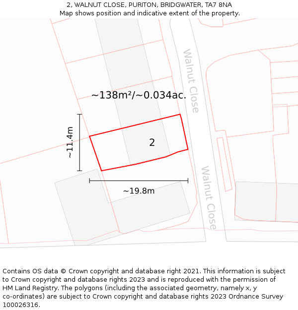 2, WALNUT CLOSE, PURITON, BRIDGWATER, TA7 8NA: Plot and title map
