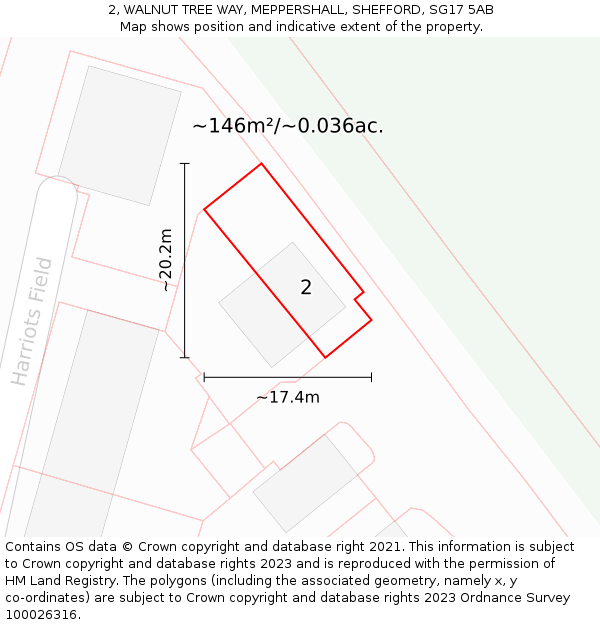2, WALNUT TREE WAY, MEPPERSHALL, SHEFFORD, SG17 5AB: Plot and title map
