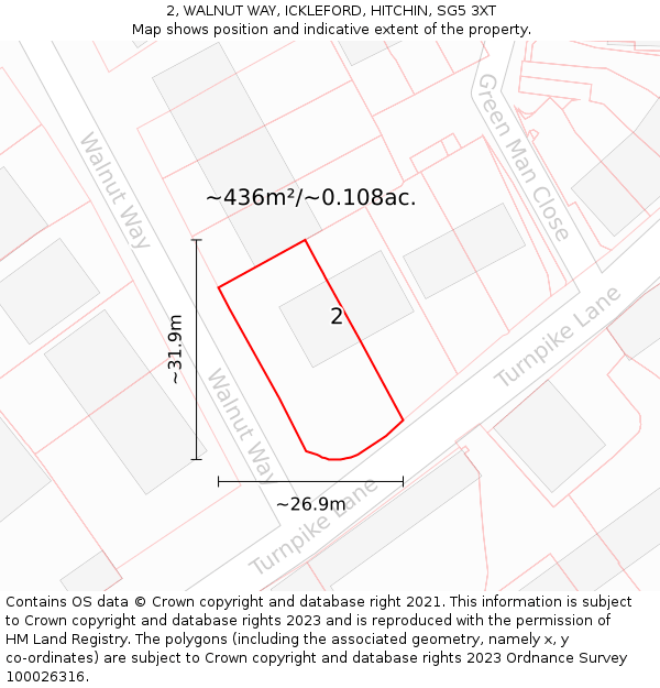 2, WALNUT WAY, ICKLEFORD, HITCHIN, SG5 3XT: Plot and title map