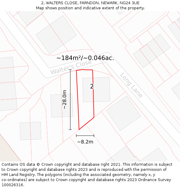 2, WALTERS CLOSE, FARNDON, NEWARK, NG24 3UE: Plot and title map