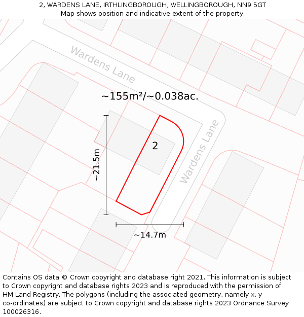2, WARDENS LANE, IRTHLINGBOROUGH, WELLINGBOROUGH, NN9 5GT: Plot and title map