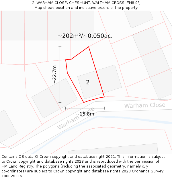 2, WARHAM CLOSE, CHESHUNT, WALTHAM CROSS, EN8 9FJ: Plot and title map