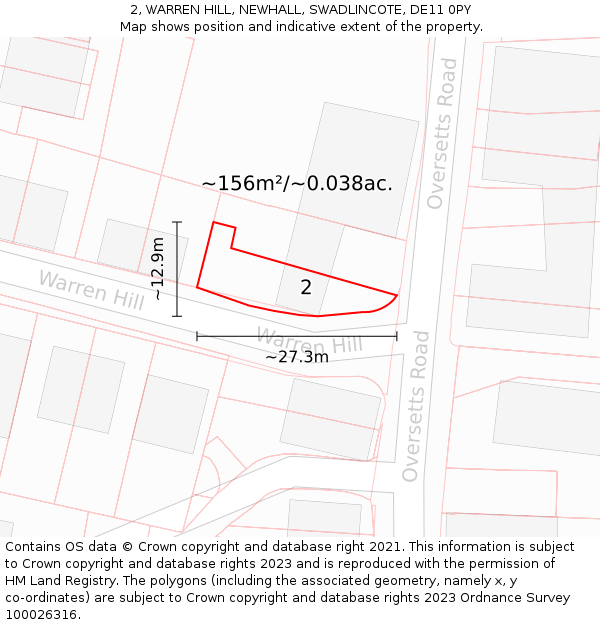 2, WARREN HILL, NEWHALL, SWADLINCOTE, DE11 0PY: Plot and title map