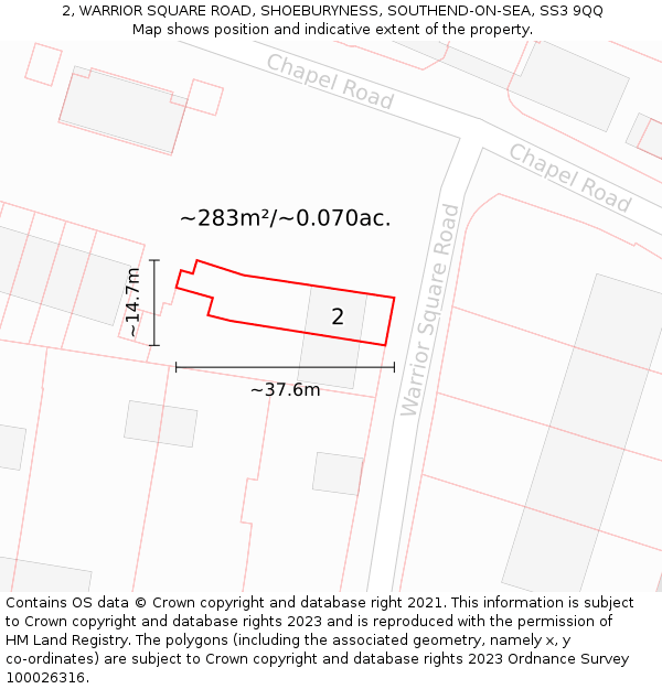 2, WARRIOR SQUARE ROAD, SHOEBURYNESS, SOUTHEND-ON-SEA, SS3 9QQ: Plot and title map