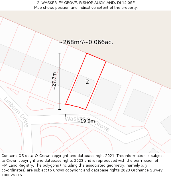 2, WASKERLEY GROVE, BISHOP AUCKLAND, DL14 0SE: Plot and title map