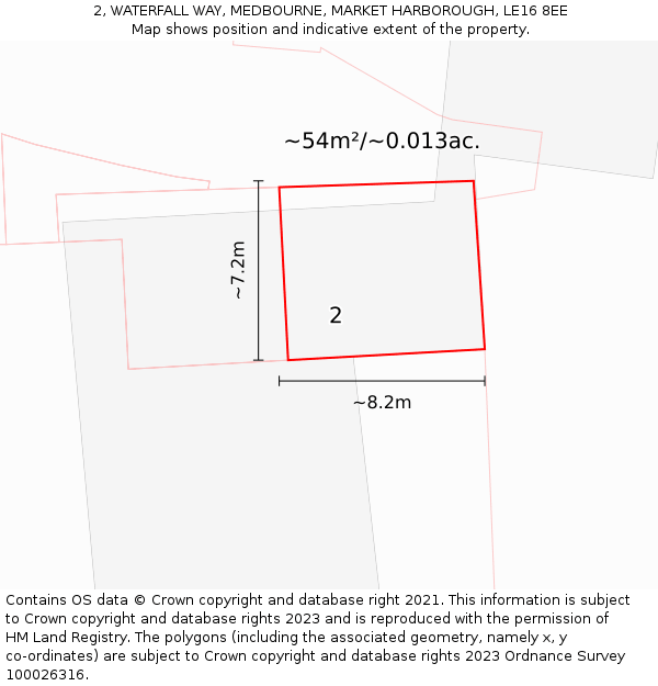 2, WATERFALL WAY, MEDBOURNE, MARKET HARBOROUGH, LE16 8EE: Plot and title map