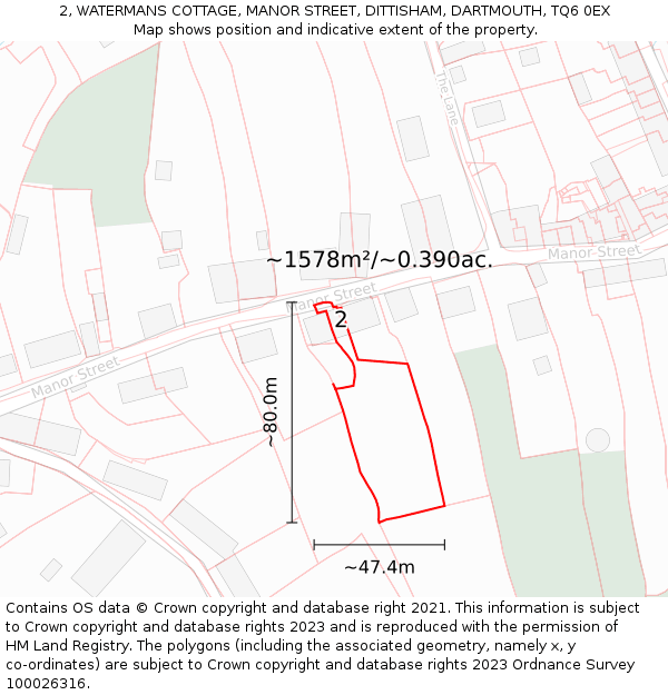 2, WATERMANS COTTAGE, MANOR STREET, DITTISHAM, DARTMOUTH, TQ6 0EX: Plot and title map