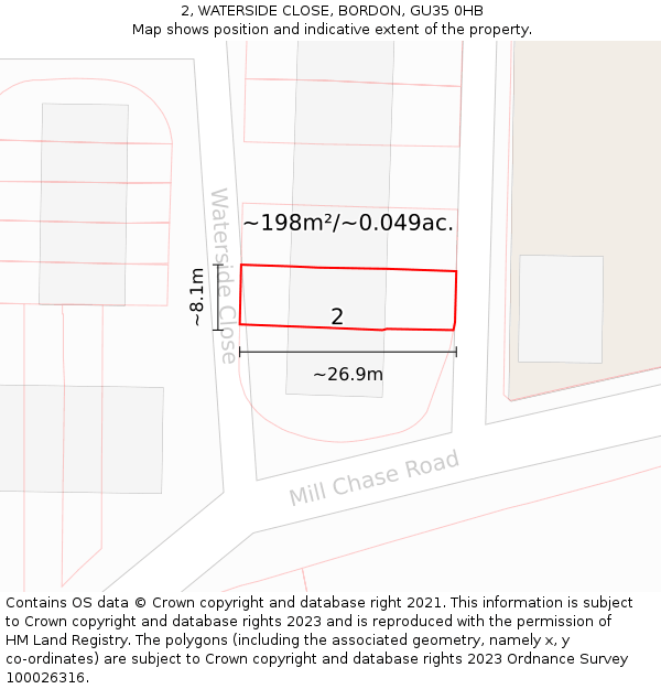 2, WATERSIDE CLOSE, BORDON, GU35 0HB: Plot and title map