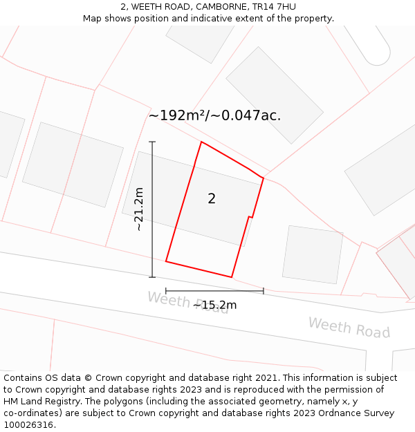 2, WEETH ROAD, CAMBORNE, TR14 7HU: Plot and title map