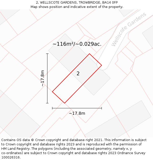 2, WELLSCOTE GARDENS, TROWBRIDGE, BA14 0FP: Plot and title map