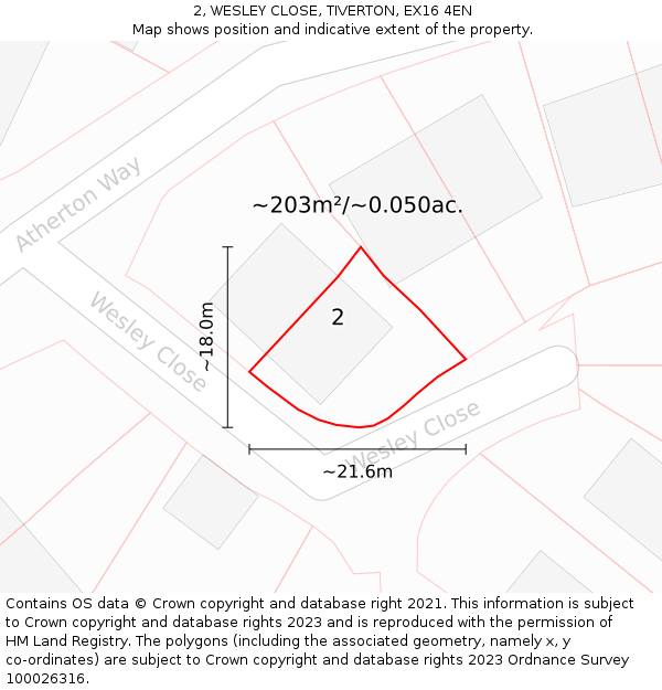 2, WESLEY CLOSE, TIVERTON, EX16 4EN: Plot and title map