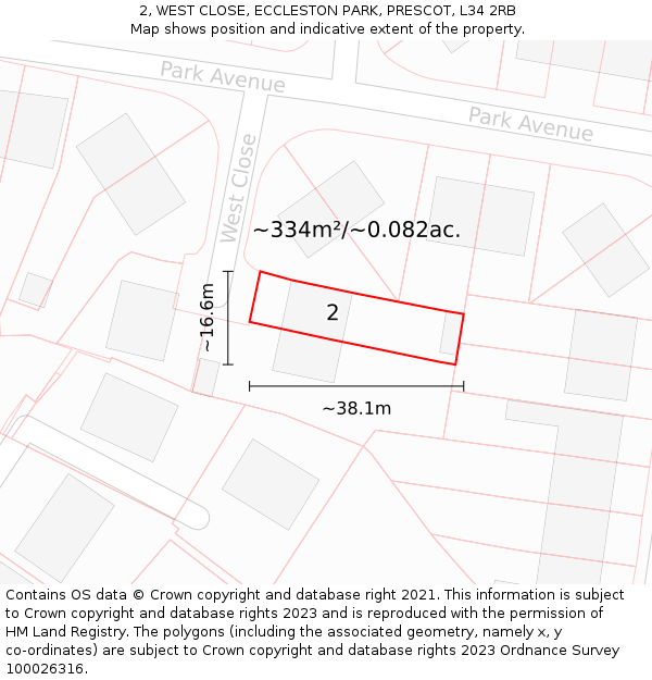 2, WEST CLOSE, ECCLESTON PARK, PRESCOT, L34 2RB: Plot and title map