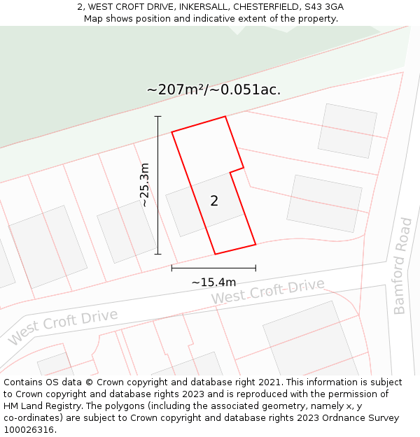 2, WEST CROFT DRIVE, INKERSALL, CHESTERFIELD, S43 3GA: Plot and title map
