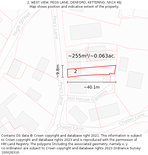 2, WEST VIEW, PEGS LANE, DENFORD, KETTERING, NN14 4EJ: Plot and title map