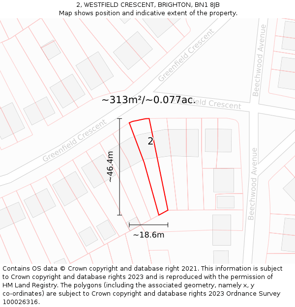 2, WESTFIELD CRESCENT, BRIGHTON, BN1 8JB: Plot and title map