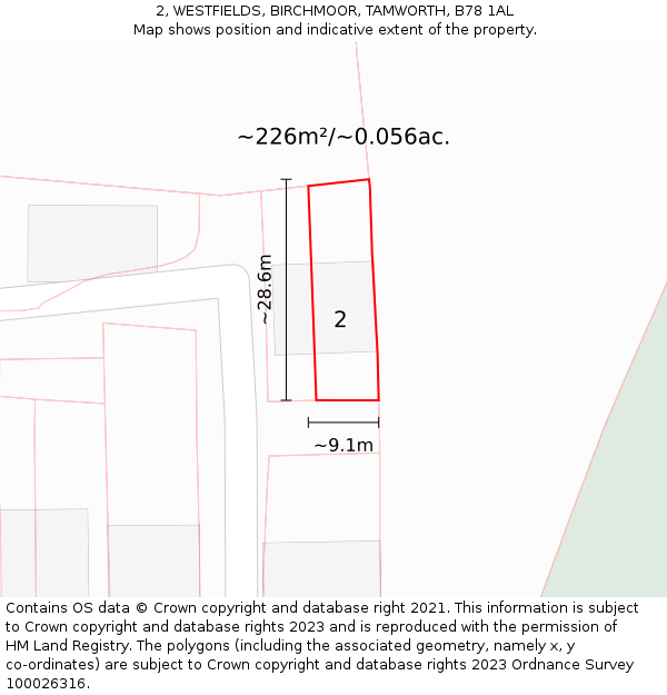 2, WESTFIELDS, BIRCHMOOR, TAMWORTH, B78 1AL: Plot and title map