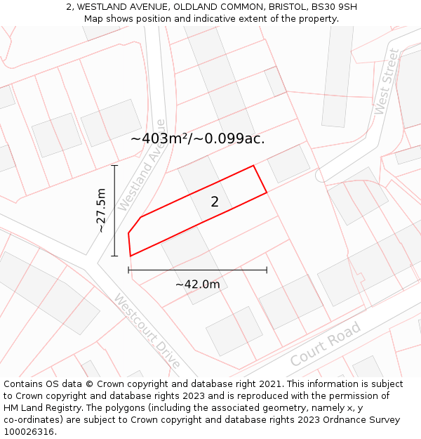 2, WESTLAND AVENUE, OLDLAND COMMON, BRISTOL, BS30 9SH: Plot and title map