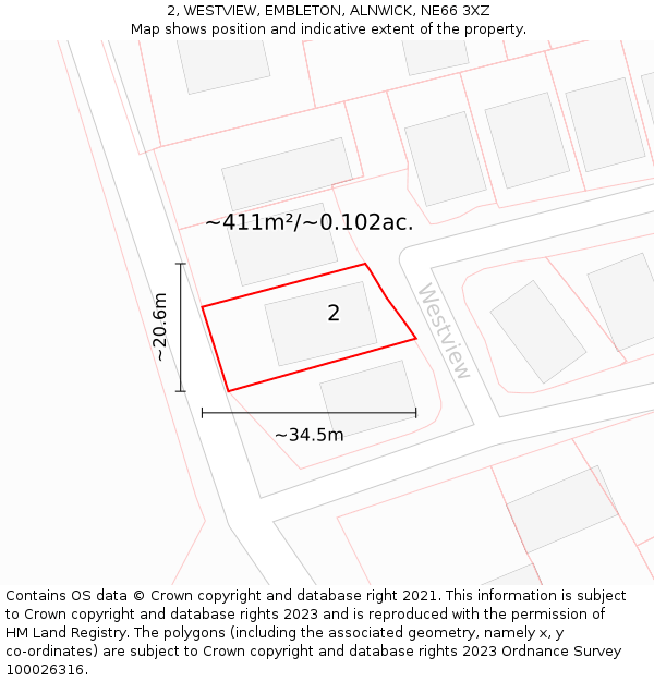 2, WESTVIEW, EMBLETON, ALNWICK, NE66 3XZ: Plot and title map
