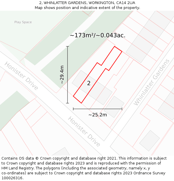 2, WHINLATTER GARDENS, WORKINGTON, CA14 2UA: Plot and title map