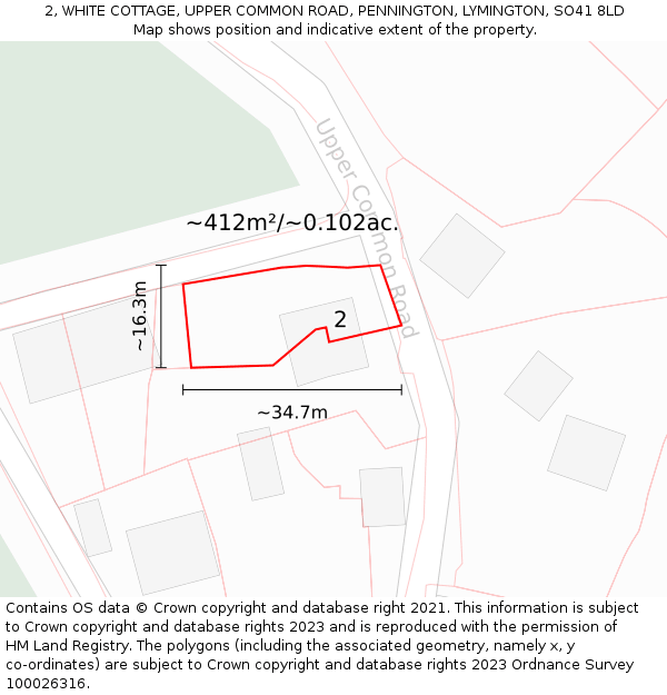 2, WHITE COTTAGE, UPPER COMMON ROAD, PENNINGTON, LYMINGTON, SO41 8LD: Plot and title map