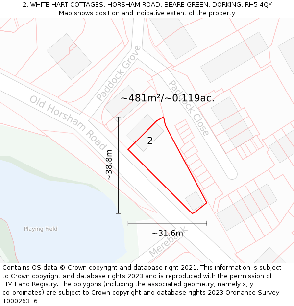 2, WHITE HART COTTAGES, HORSHAM ROAD, BEARE GREEN, DORKING, RH5 4QY: Plot and title map