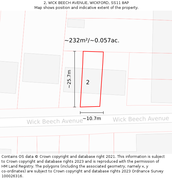 2, WICK BEECH AVENUE, WICKFORD, SS11 8AP: Plot and title map
