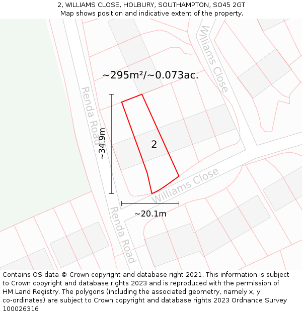 2, WILLIAMS CLOSE, HOLBURY, SOUTHAMPTON, SO45 2GT: Plot and title map