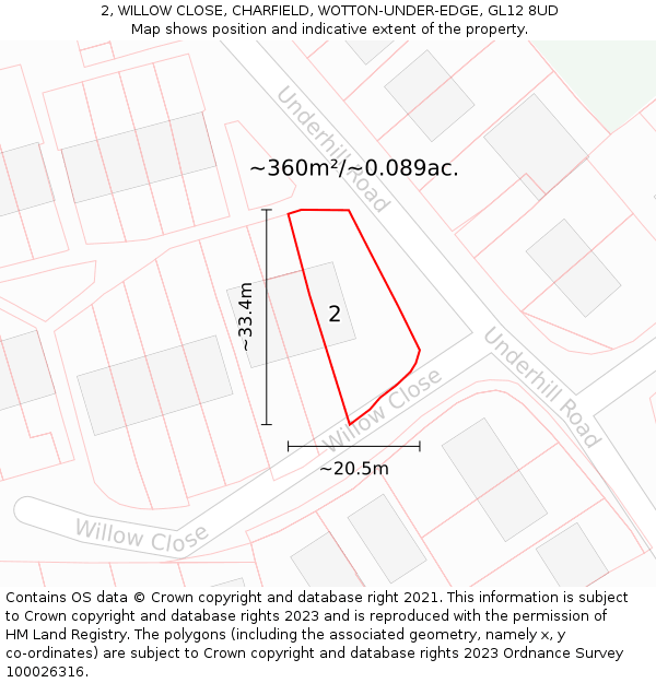 2, WILLOW CLOSE, CHARFIELD, WOTTON-UNDER-EDGE, GL12 8UD: Plot and title map