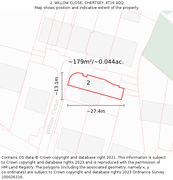 2, WILLOW CLOSE, CHERTSEY, KT16 9QQ: Plot and title map