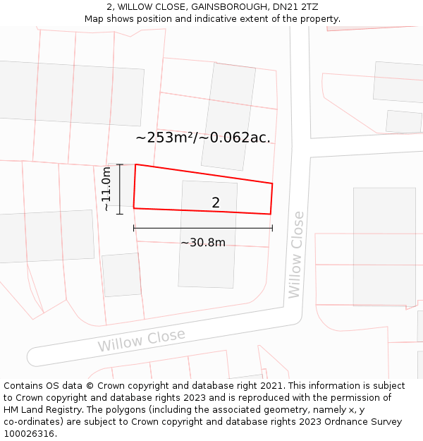 2, WILLOW CLOSE, GAINSBOROUGH, DN21 2TZ: Plot and title map