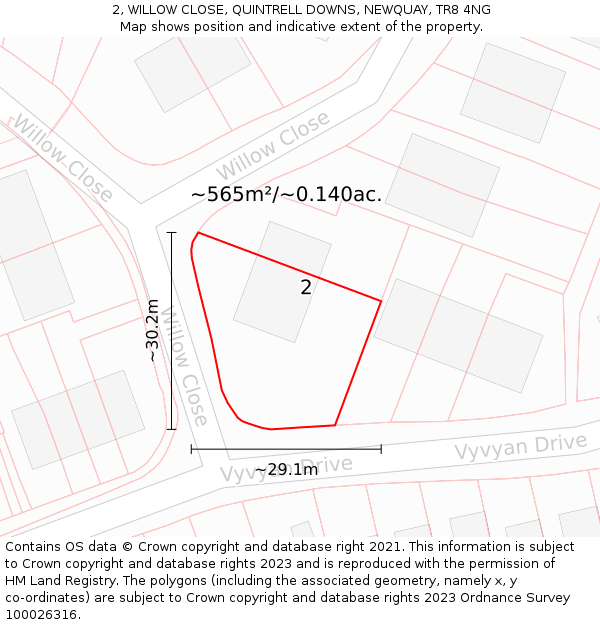 2, WILLOW CLOSE, QUINTRELL DOWNS, NEWQUAY, TR8 4NG: Plot and title map