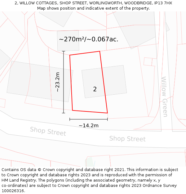 2, WILLOW COTTAGES, SHOP STREET, WORLINGWORTH, WOODBRIDGE, IP13 7HX: Plot and title map