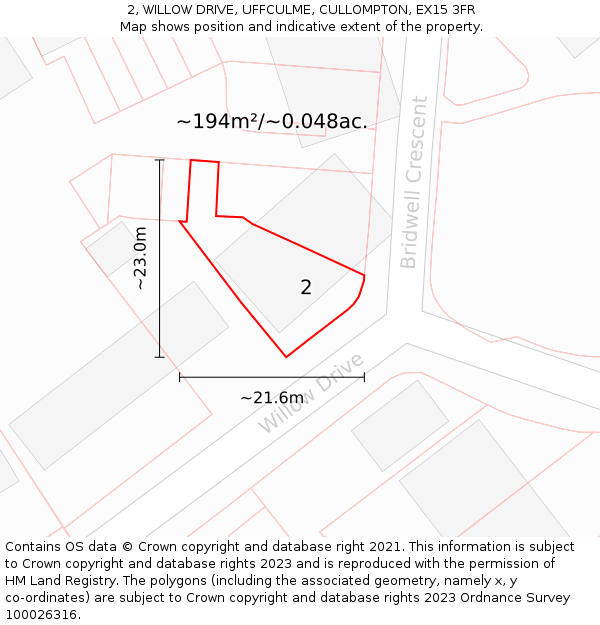 2, WILLOW DRIVE, UFFCULME, CULLOMPTON, EX15 3FR: Plot and title map
