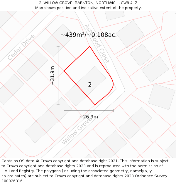 2, WILLOW GROVE, BARNTON, NORTHWICH, CW8 4LZ: Plot and title map