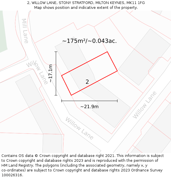 2, WILLOW LANE, STONY STRATFORD, MILTON KEYNES, MK11 1FG: Plot and title map