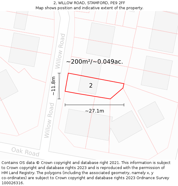 2, WILLOW ROAD, STAMFORD, PE9 2FF: Plot and title map