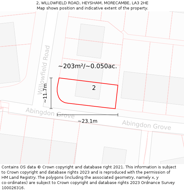 2, WILLOWFIELD ROAD, HEYSHAM, MORECAMBE, LA3 2HE: Plot and title map