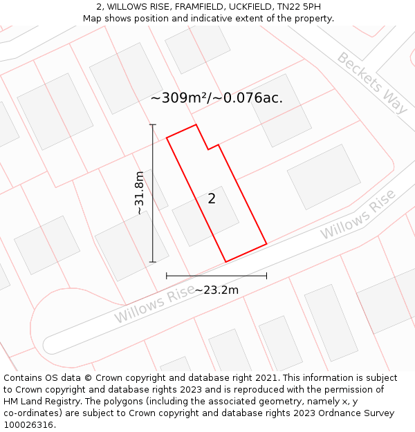 2, WILLOWS RISE, FRAMFIELD, UCKFIELD, TN22 5PH: Plot and title map