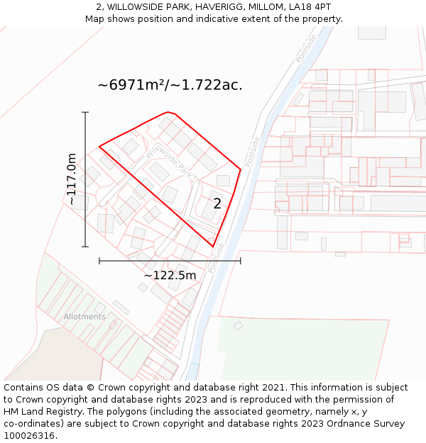 2, WILLOWSIDE PARK, HAVERIGG, MILLOM, LA18 4PT: Plot and title map