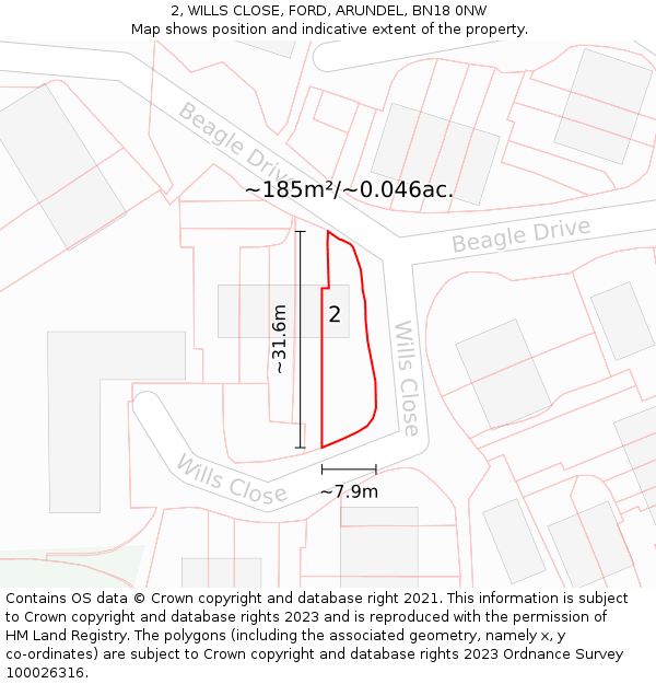 2, WILLS CLOSE, FORD, ARUNDEL, BN18 0NW: Plot and title map