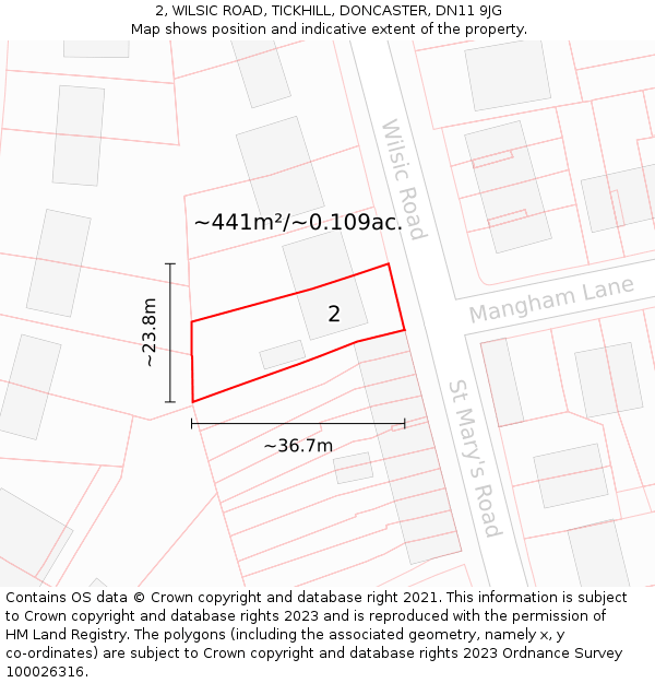 2, WILSIC ROAD, TICKHILL, DONCASTER, DN11 9JG: Plot and title map